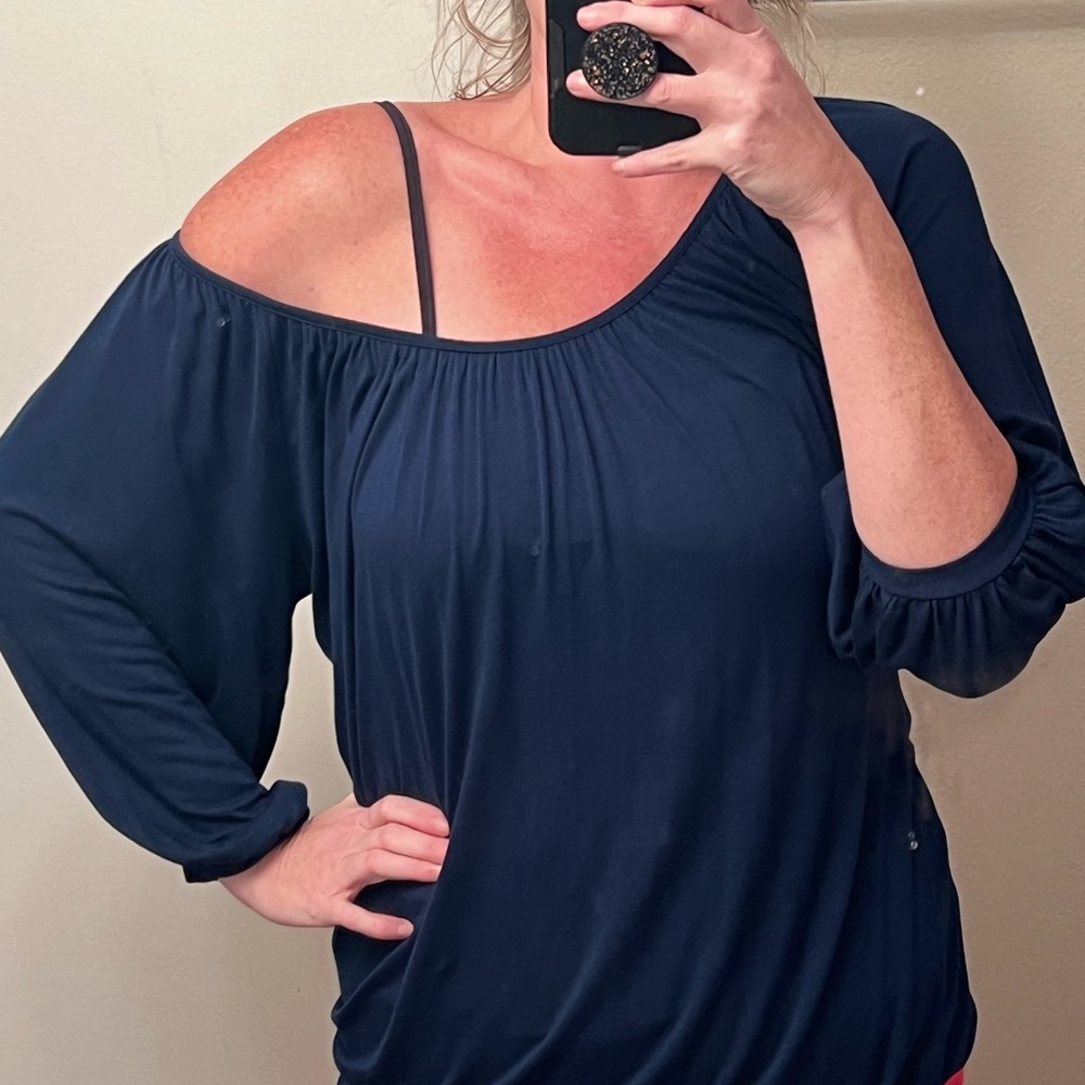 LAUREN CONRAD navy blue, off the shoulder tunic. Size L super soft modal fabric!